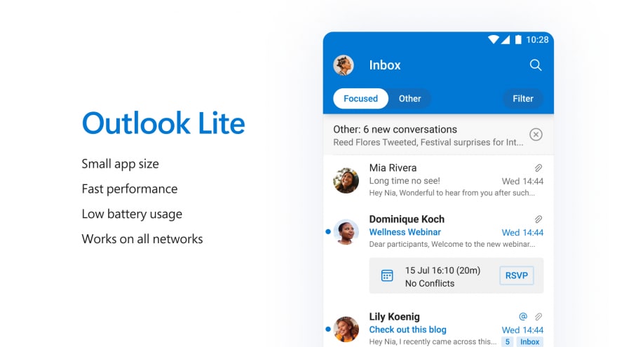 Arriva Outlook Lite: appena 5 MB di app, per dispositivi con 1 GB di RAM