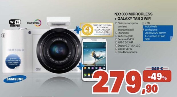 Fotocamera mirrorless Samsung NX1000 in regalo con Galaxy Tab 3 e altre offerte Unieuro