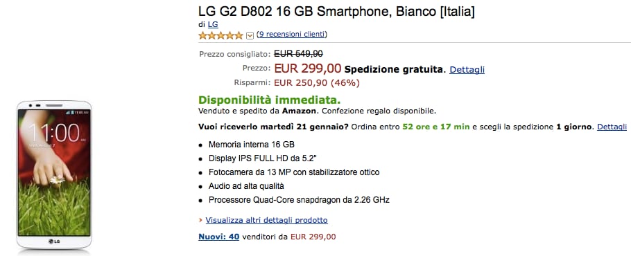 Superofferta Amazon: LG G2 bianco da 16 GB a 299€ (aggiornato: offerta ritirata)