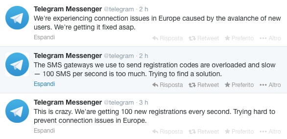 Boom di nuovi utenti per Telegram in Europa: 100 nuovi ogni secondo (e problemi al server)