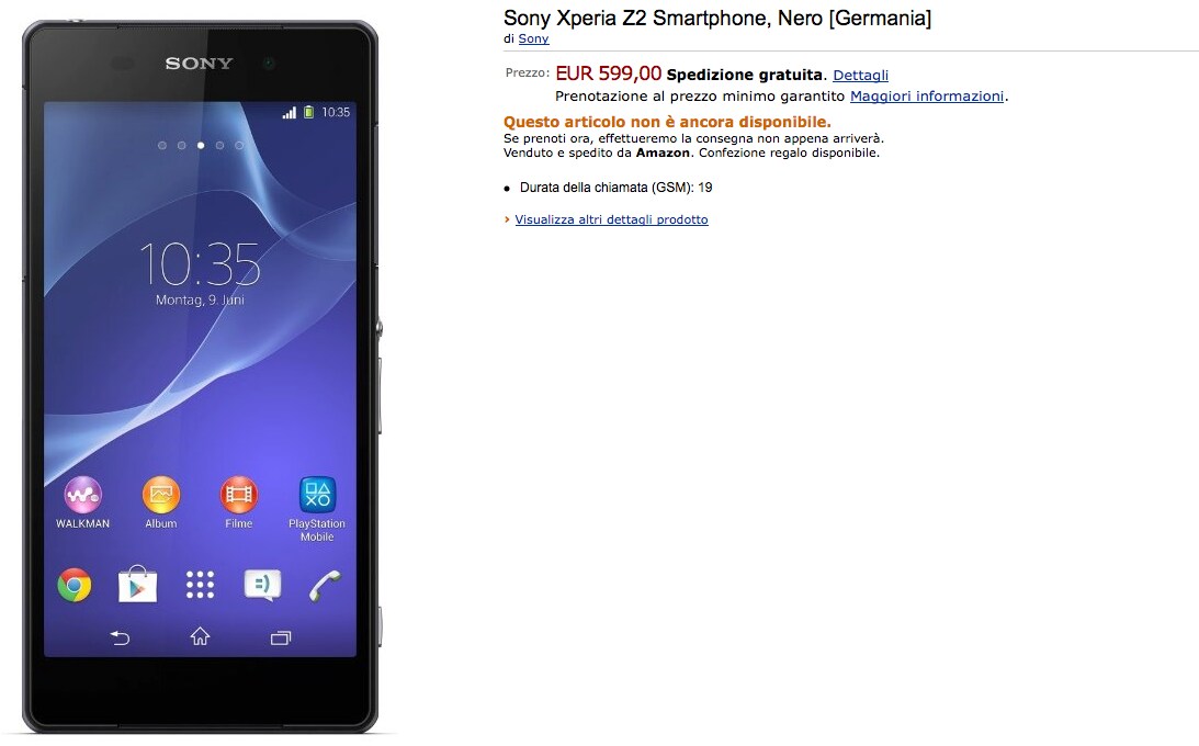 Sony Xperia Z2 in pre-ordine su Amazon.it a 599€ (importazione dalla Germania)