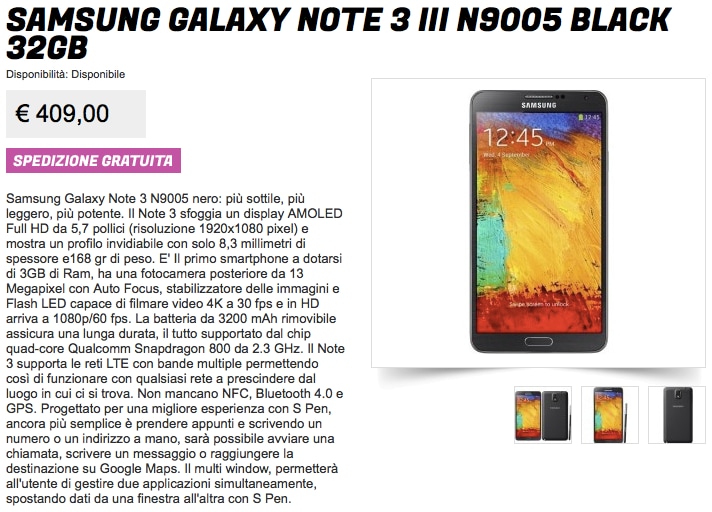 Samsung Galaxy Note 3 a 409€ da gli Stockisti