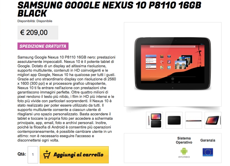 Nexus 10 a 209€ da Gli Stockisti