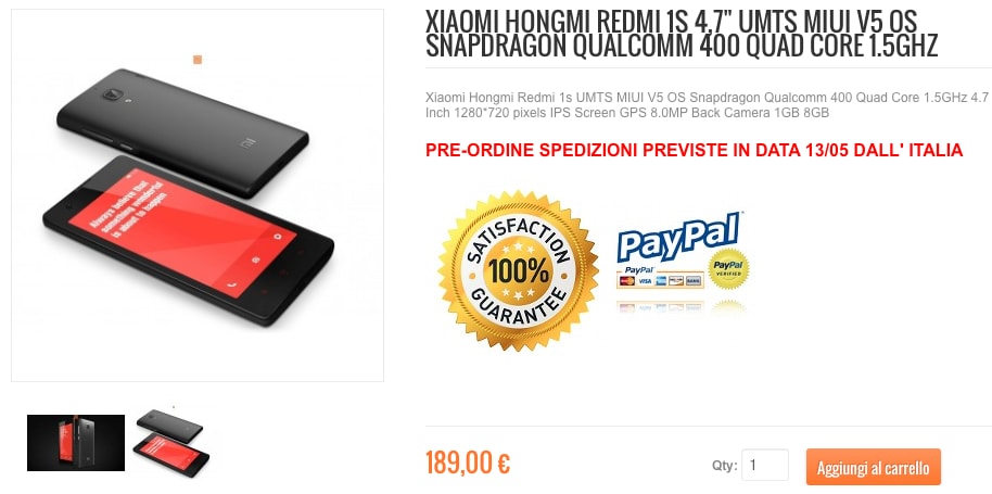 Xiaomi Hongmi 1S arriva in Italia a 189€ su XiaomiShop.it