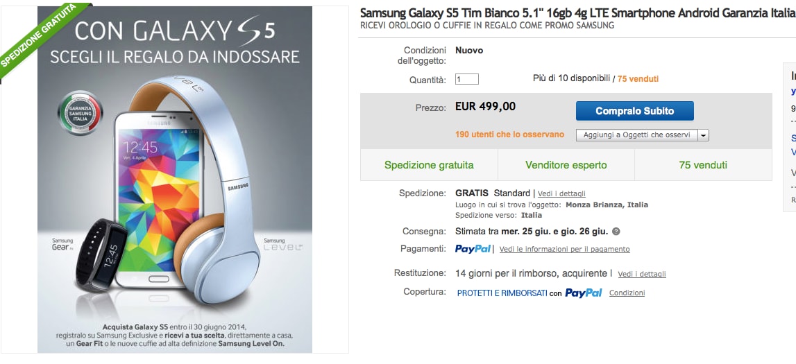 Samsung Galaxy S5 con cuffie o Gear Fit a 499€