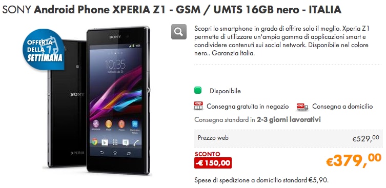 Sony Xperia Z1 in offerta a 379€ da CoopOnline ma solo per i prossimi 5 giorni