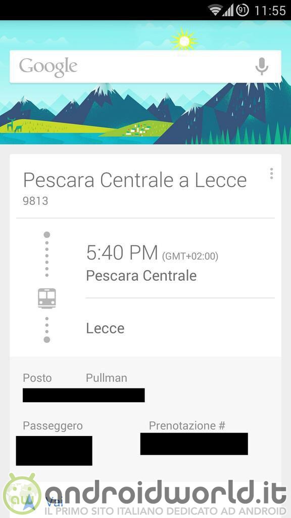 Google Now mostra le prenotazioni con Trenitalia