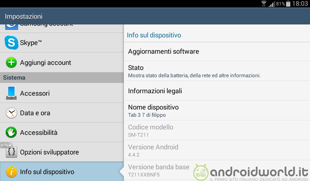 Samsung Galaxy Tab 3 7.0 3G si aggiorna ad Android 4.4.2 KitKat in Italia