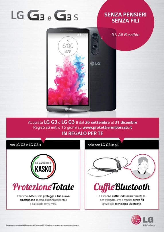 LG &quot;senza pensieri, senza fili&quot;: polizza kasko e auricolari Bluetooth in regalo agli acquirenti