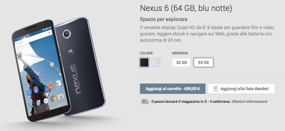 Motorola Nexus 6 disponibile in Italia su Google Play Dispositivi
