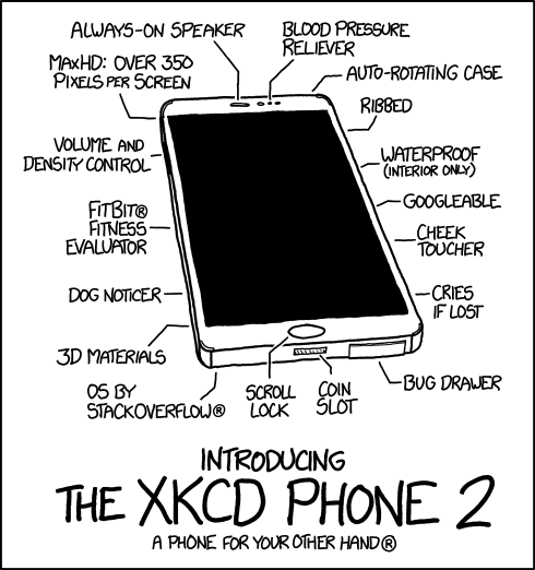 Lo smartphone secondo xkcd: speaker always-on, MaxHD e lavabile in lavatrice. Ma solo una volta