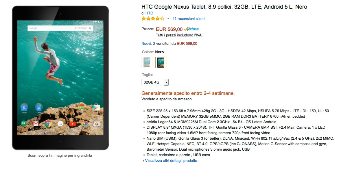 HTC Nexus 9 LTE in arrivo: parola di Amazon
