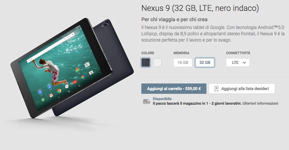 HTC Nexus 9 LTE in vendita sul Play Store