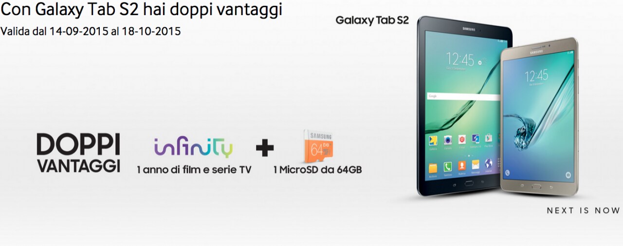 Galaxy Tab S2 regala un anno di Infinity e una microSD da 64 GB