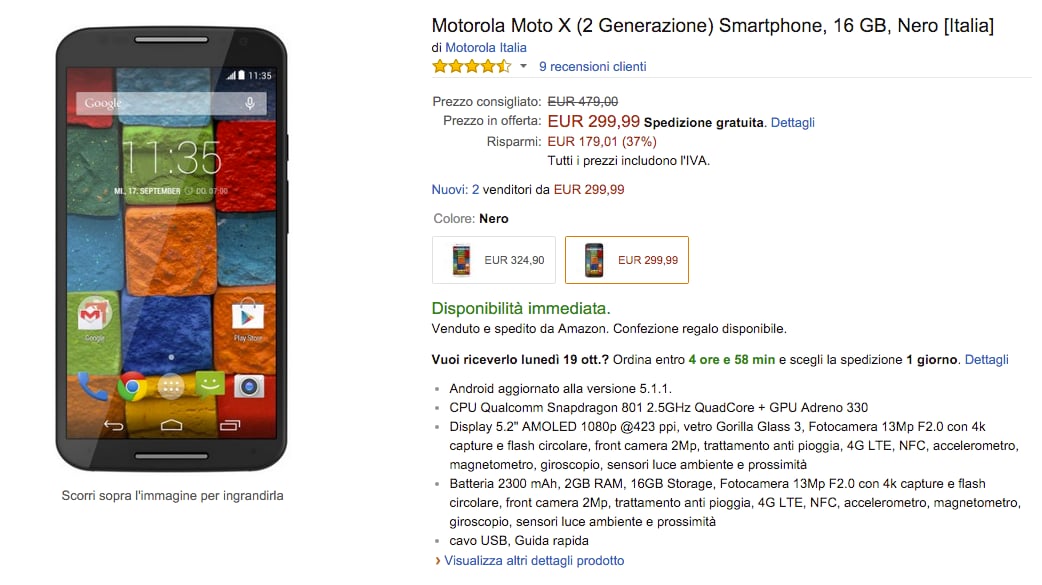 Motorola Moto X (2014) in offerta a 299€ su Amazon Italia