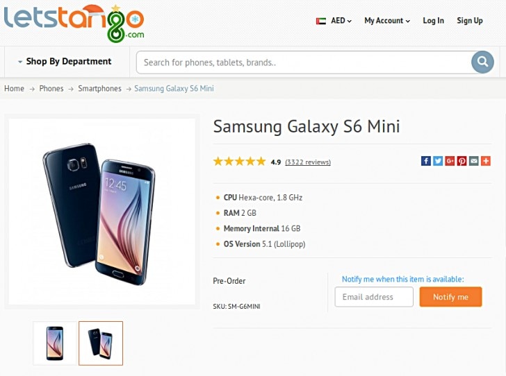 Samsung Galaxy S6 Mini compare sul catalogo di uno shop online (foto)