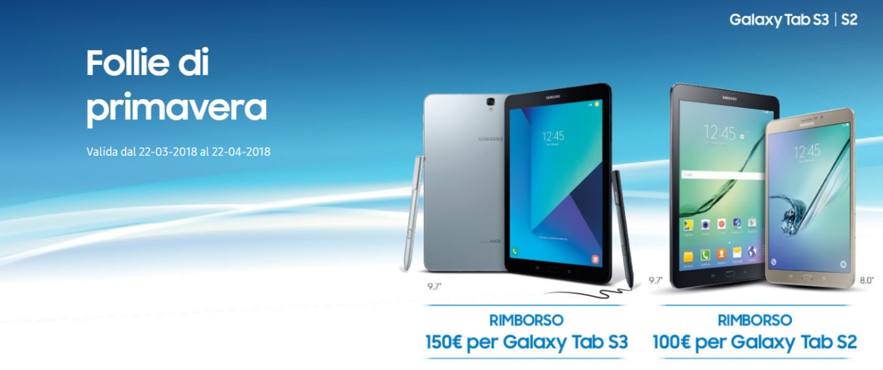 Samsung vi rimborsa fino 150€ per l&#039;acquisto di Galaxy Tab S3 e Tab S2 (foto)