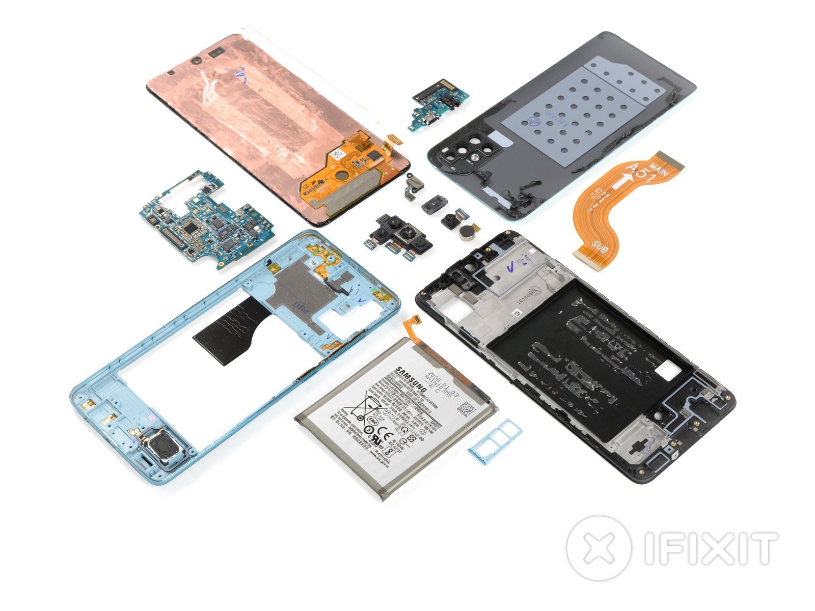 Samsung Galaxy A51 smontato da iFixit: tante componenti modulari, ma la troppa colla rovina i piani (foto)